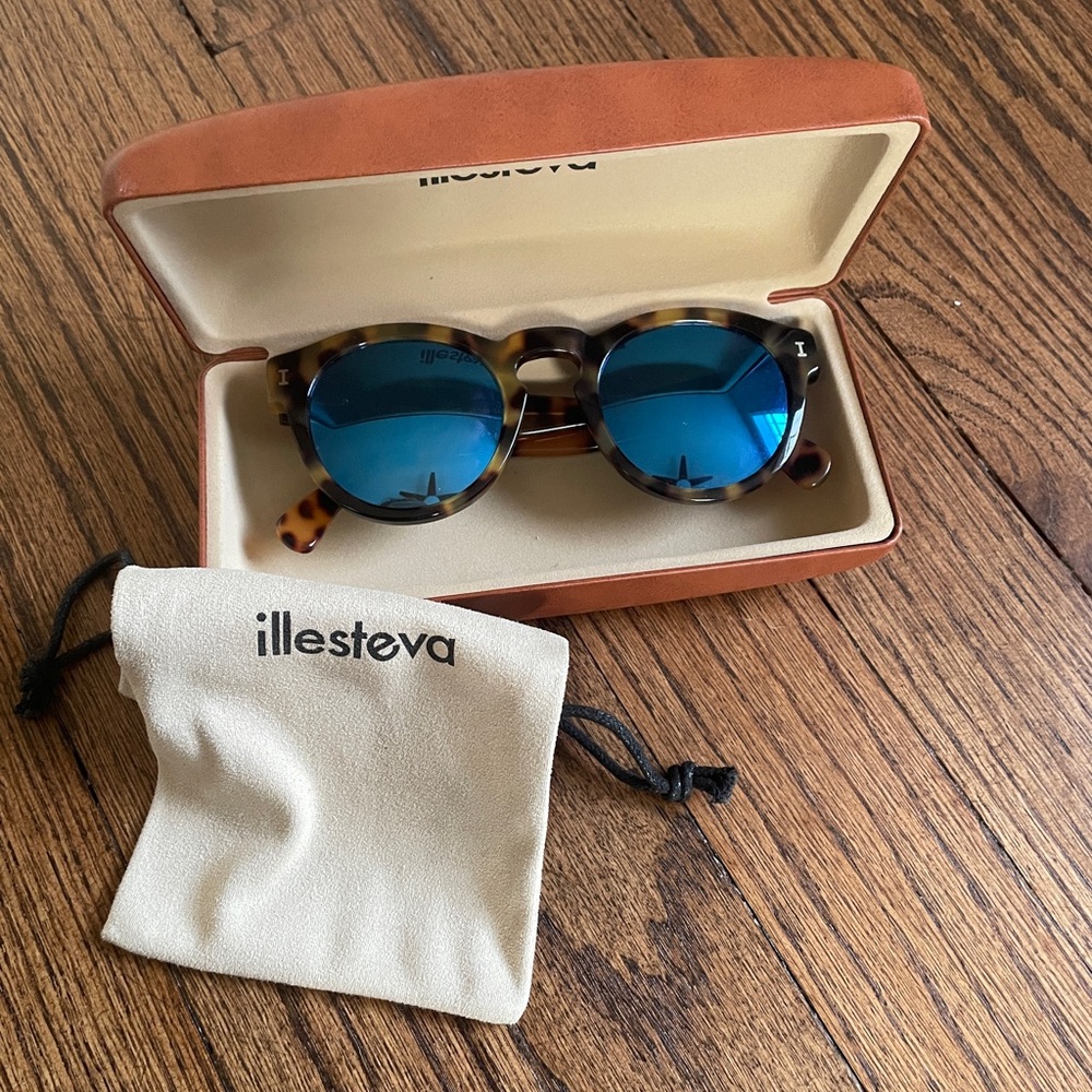 Illesteva Leonard Tortoiseshell Sunglasses with Blue Mirror Lenses